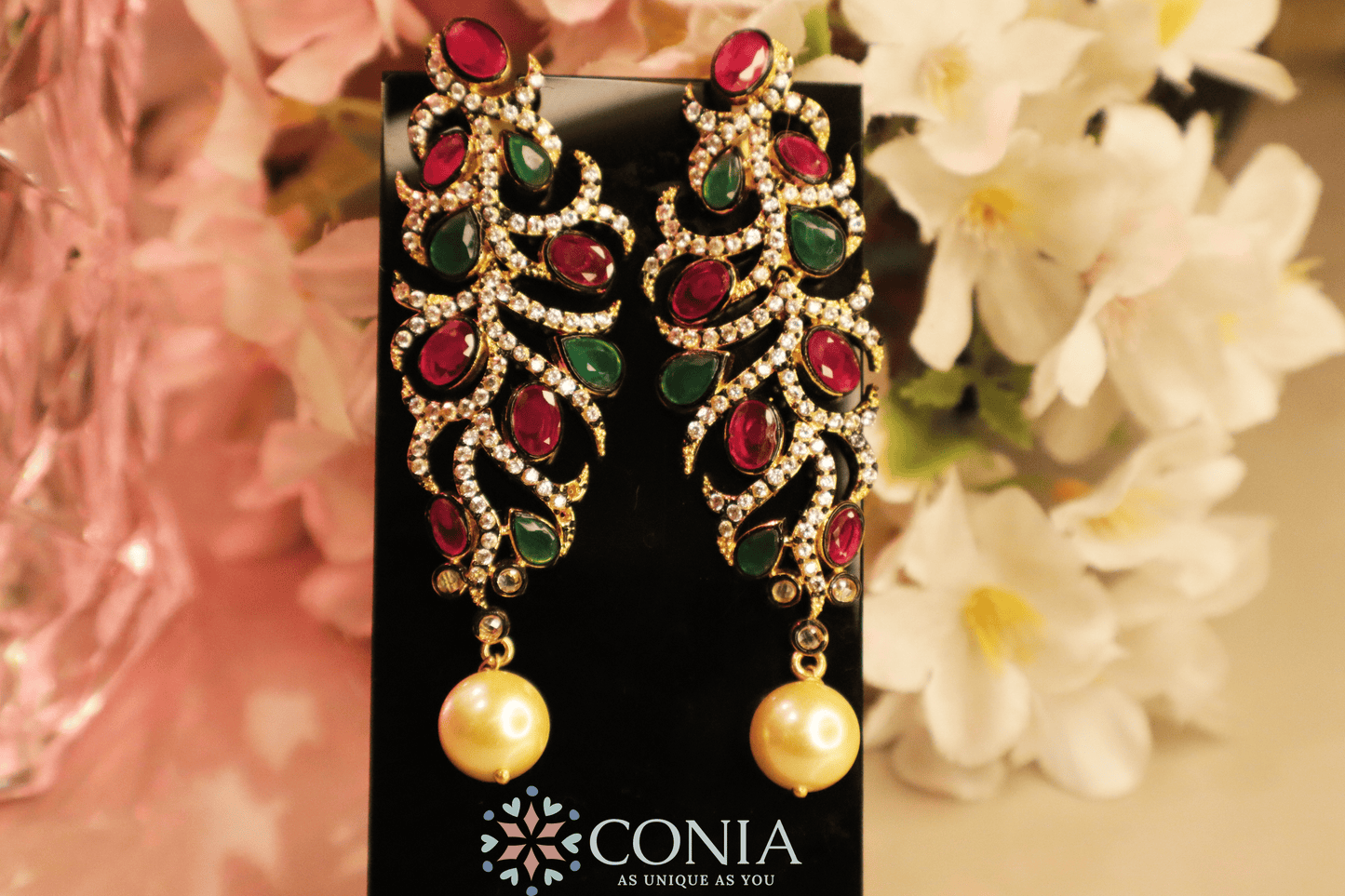 Victorian Elegance Ruby & Emerald Gold-Plated Dangling Earrings with Pearl