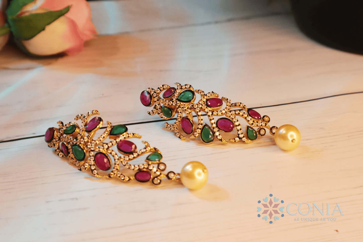 Victorian Elegance Ruby & Emerald Gold-Plated Dangling Earrings with Pearl
