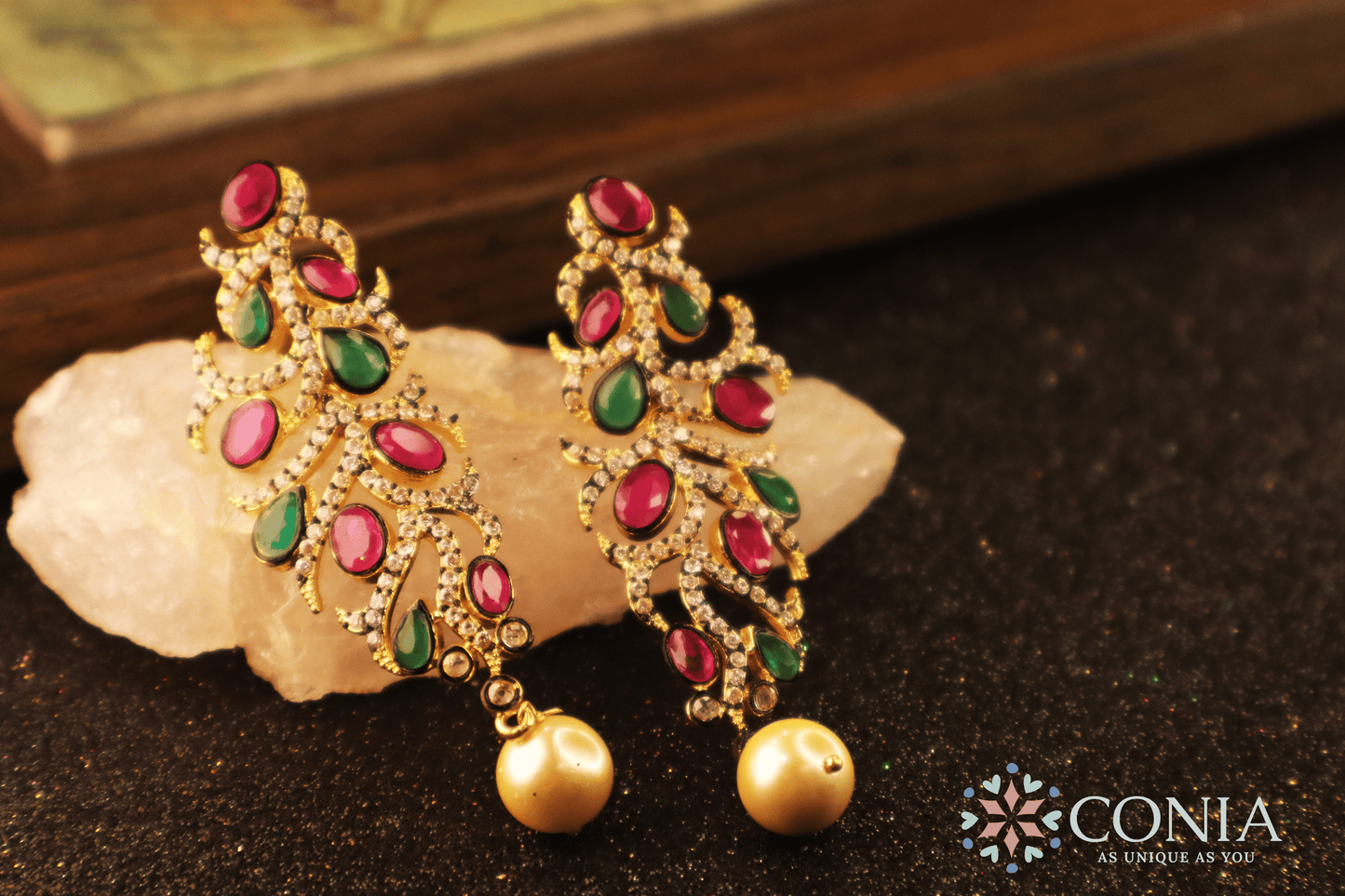 Victorian Elegance Ruby & Emerald Gold-Plated Dangling Earrings with Pearl