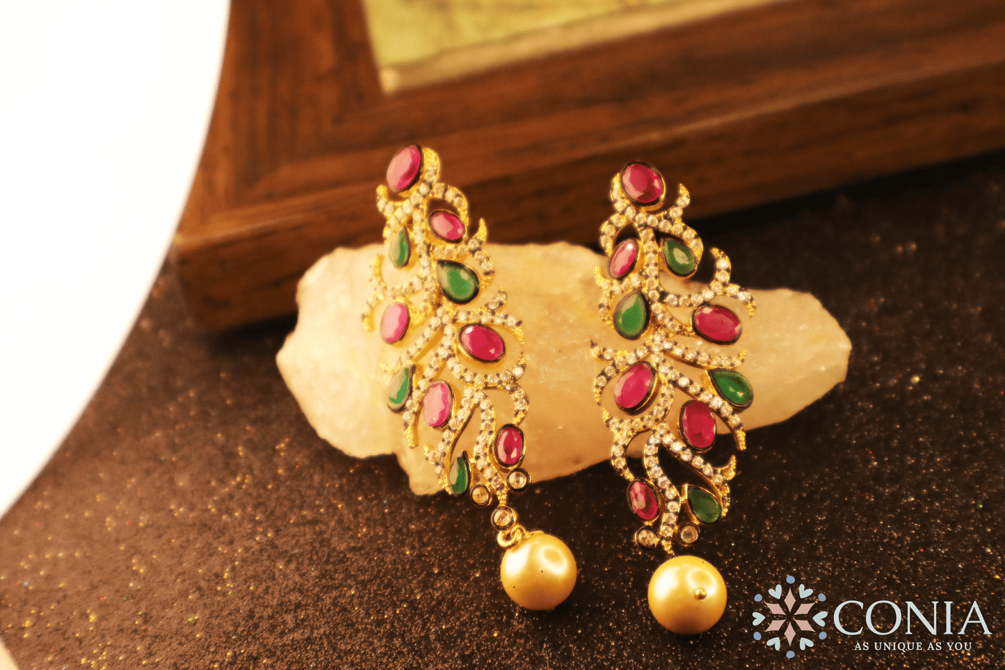 Victorian Elegance Ruby & Emerald Gold-Plated Dangling Earrings with Pearl
