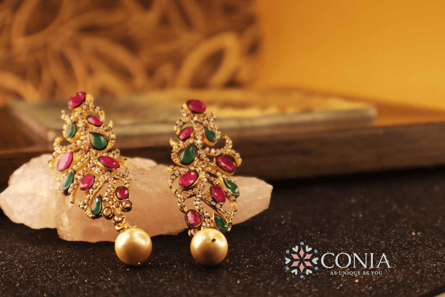 Victorian Elegance Ruby & Emerald Gold-Plated Dangling Earrings with Pearl