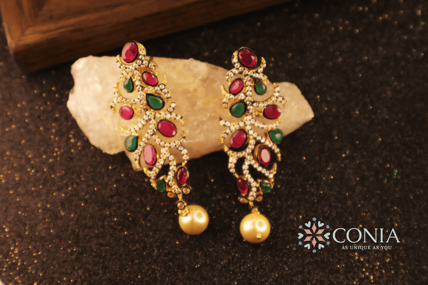 Victorian Elegance Ruby & Emerald Gold-Plated Dangling Earrings with Pearl