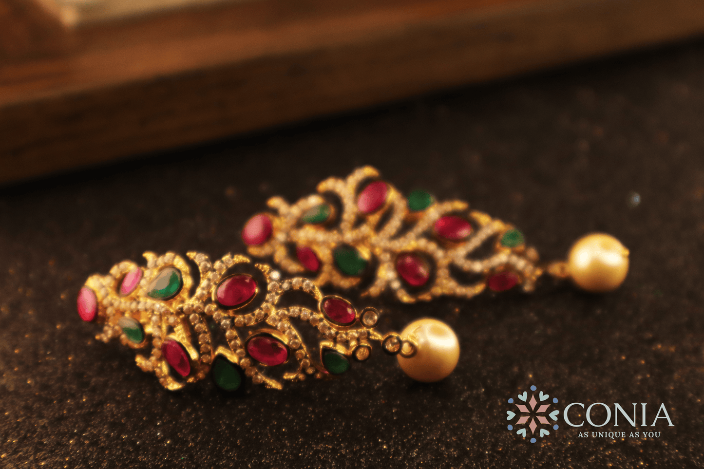 Victorian Elegance Ruby & Emerald Gold-Plated Dangling Earrings with Pearl