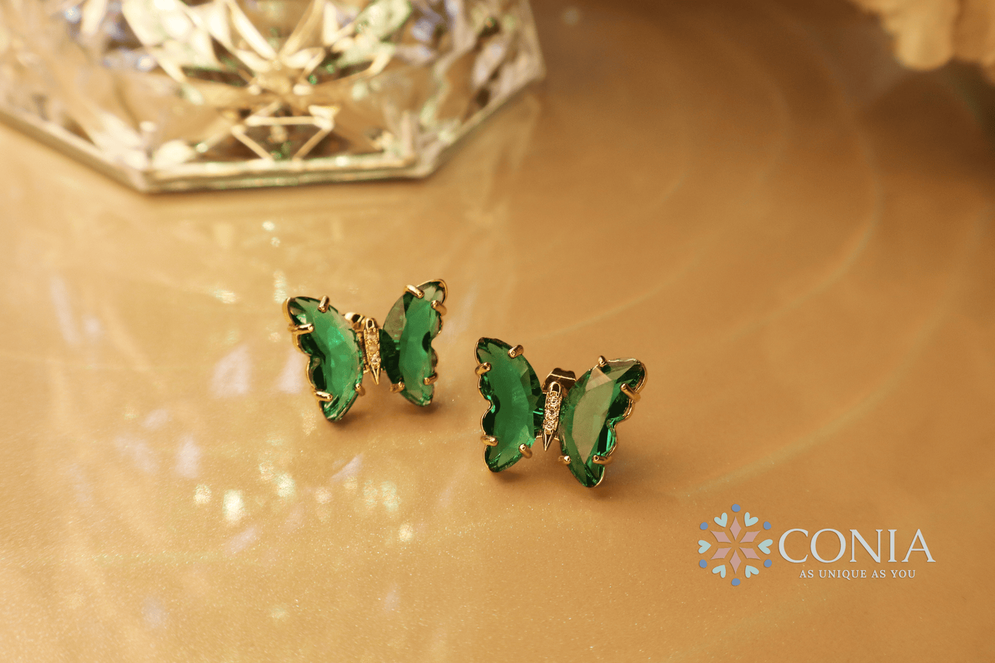 Butterfly Gold Green Crystal Stud Earring