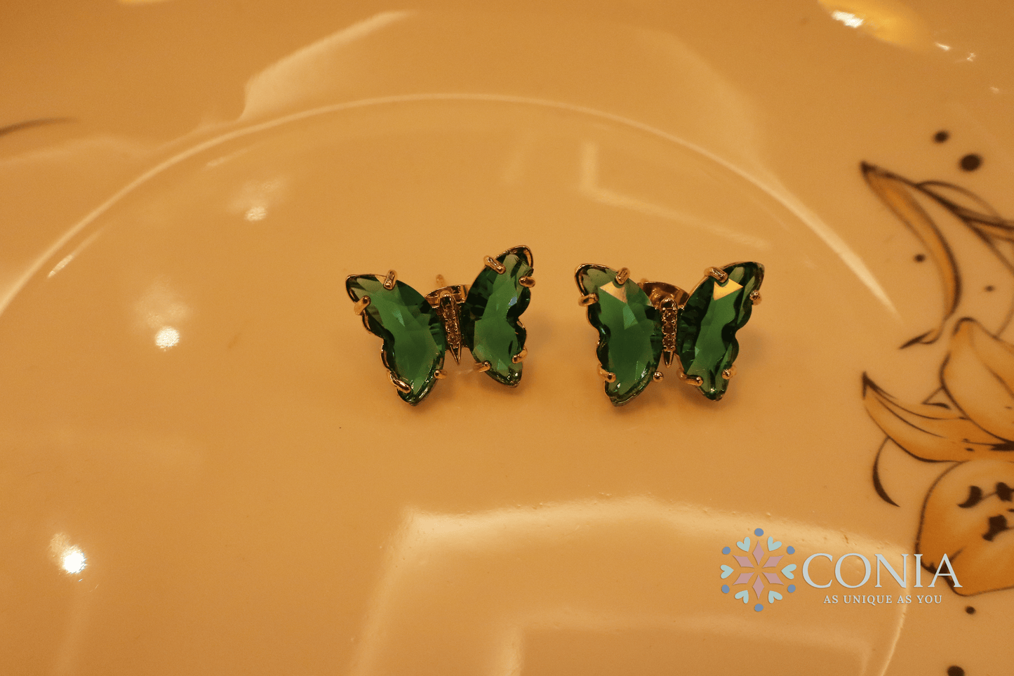 Butterfly Gold Green Crystal Stud Earring