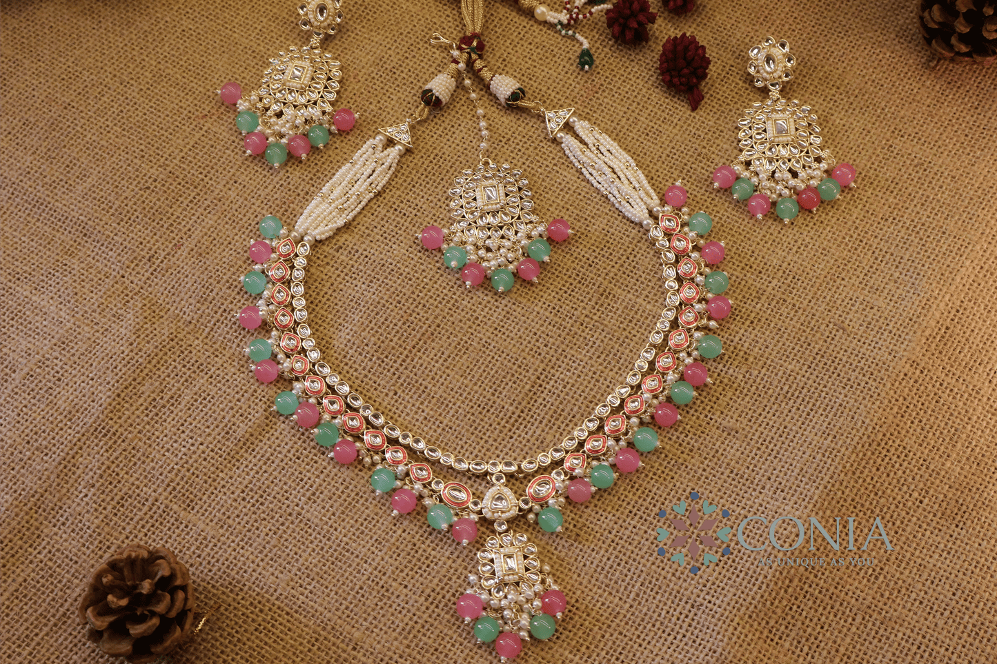 Mint Green and Pink Kundan Pearl Bridal Set