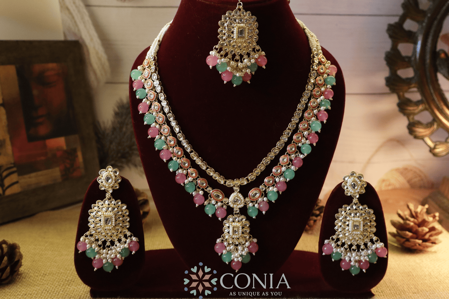 Mint Green and Pink Kundan Pearl Bridal Set