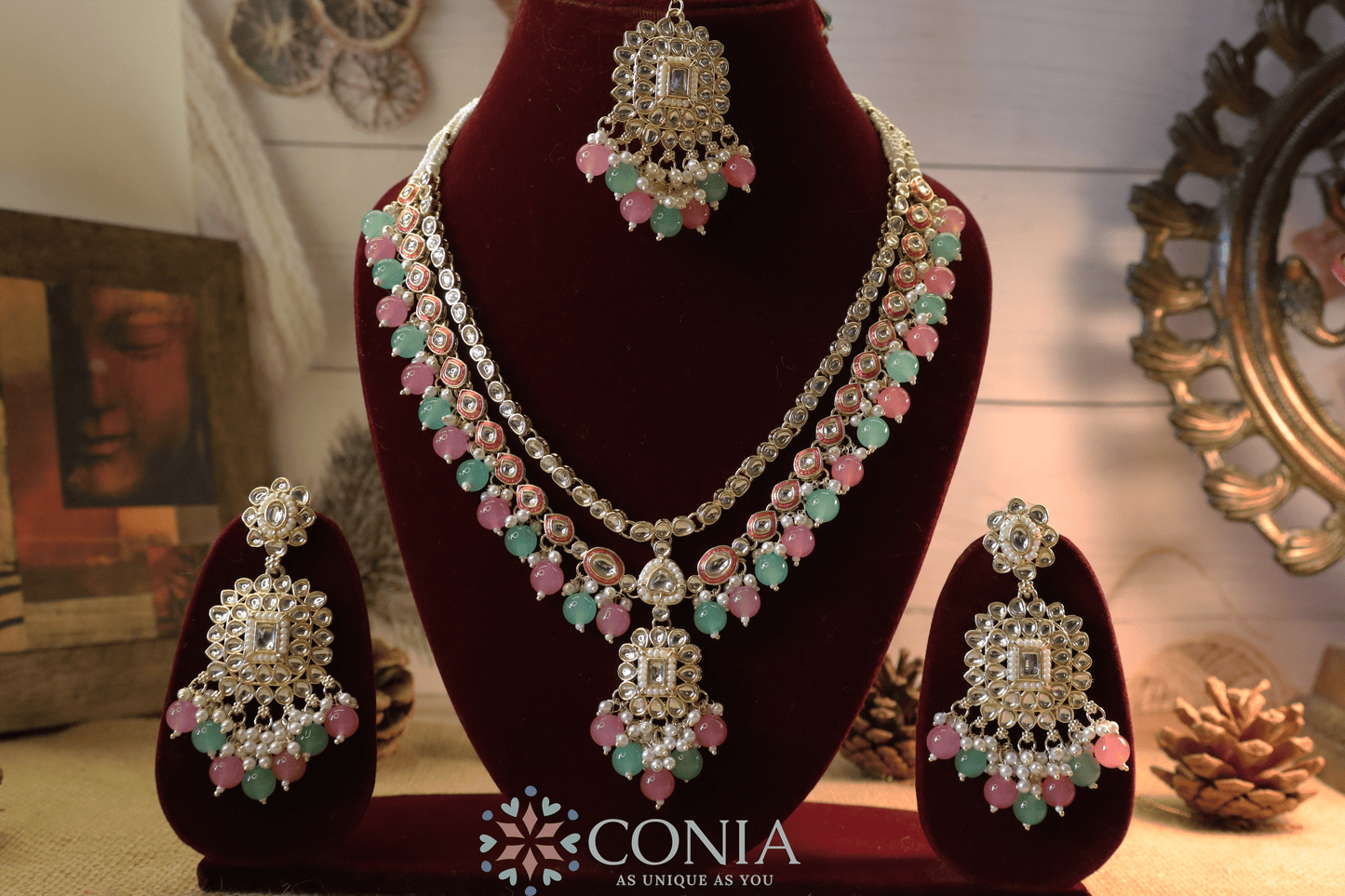 Mint Green and Pink Kundan Pearl Bridal Set