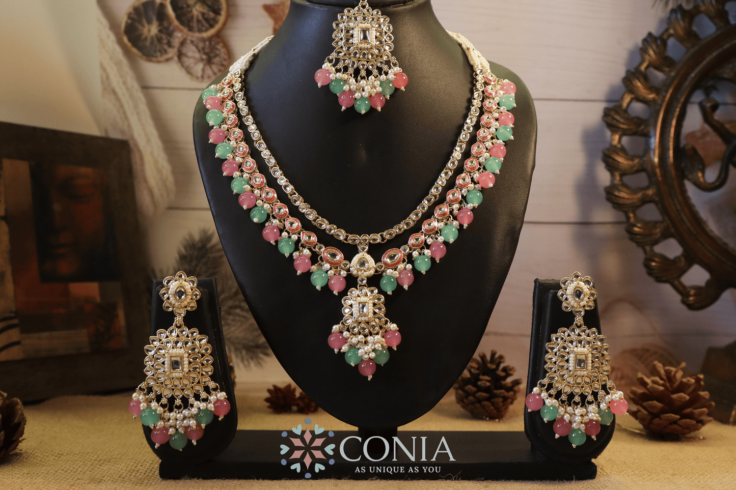 Mint Green and Pink Kundan Pearl Bridal Set