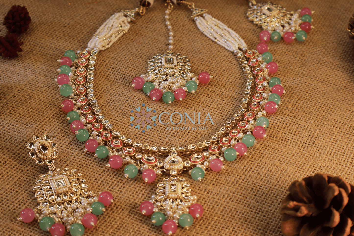 Mint Green and Pink Kundan Pearl Bridal Set