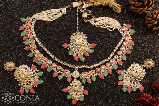 Mint Green and Pink Kundan Pearl Bridal Set