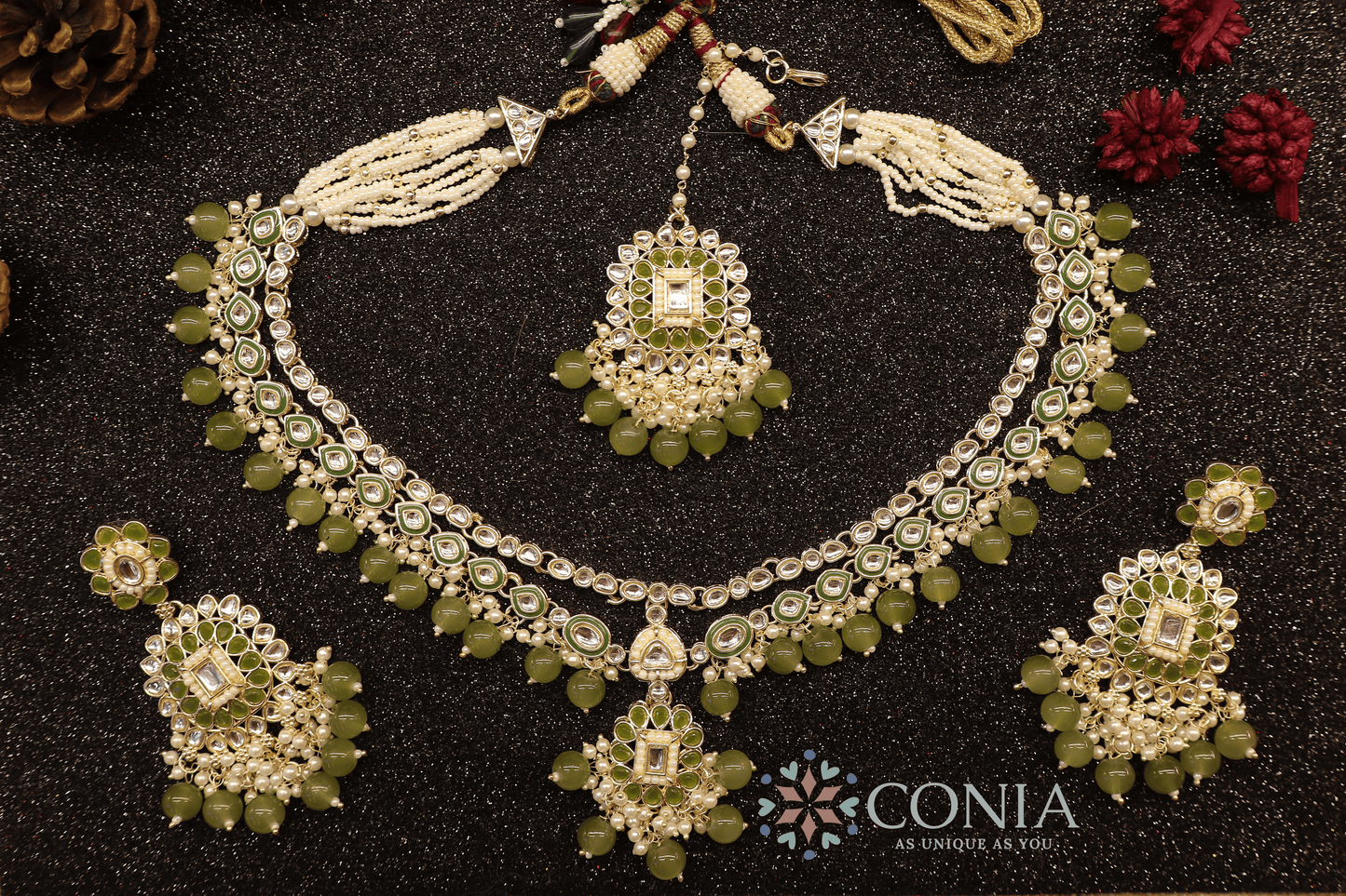 Olive Green Kundan Pearl Bridal Set
