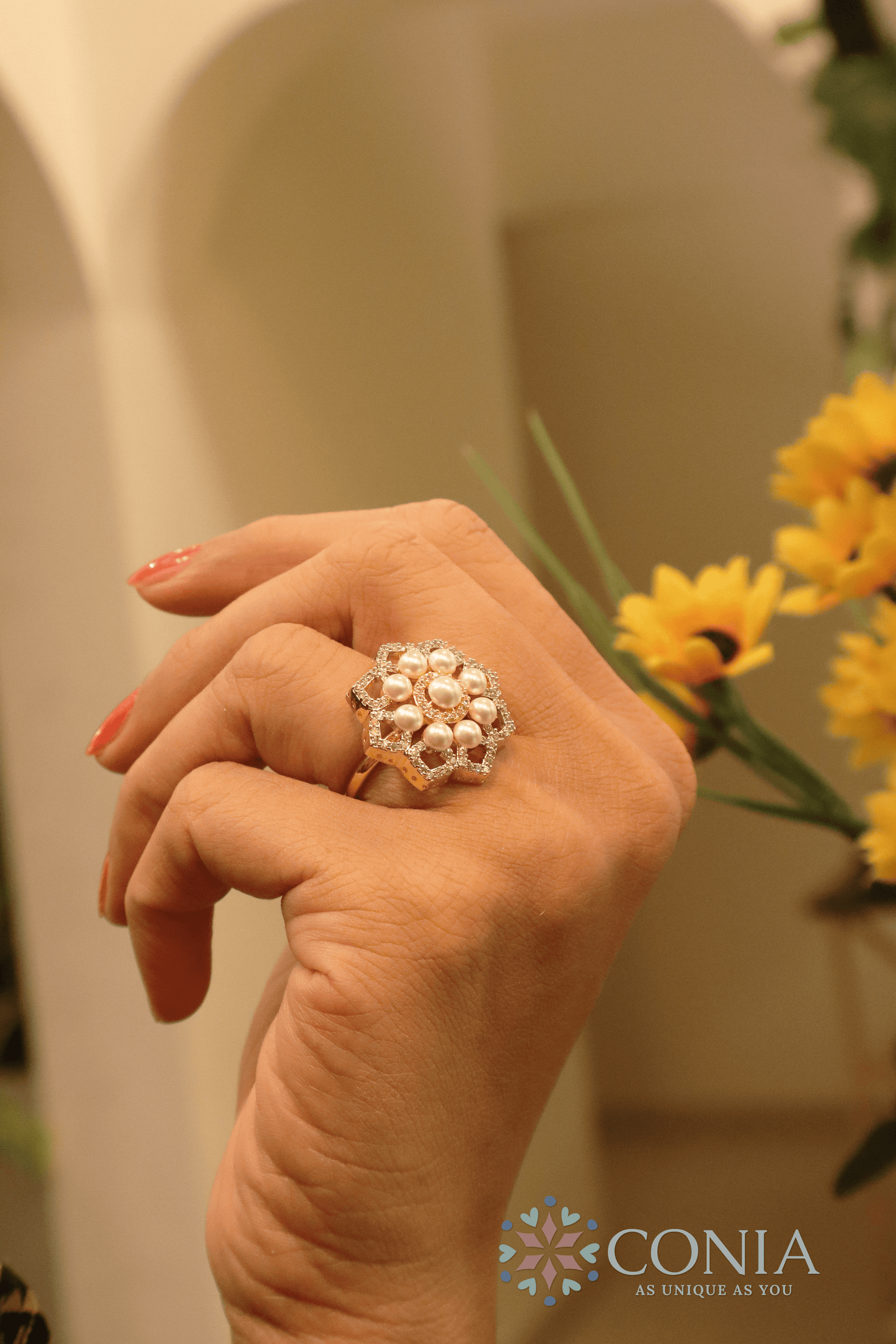 Pearl Radiance American Diamond Adjustable Ring