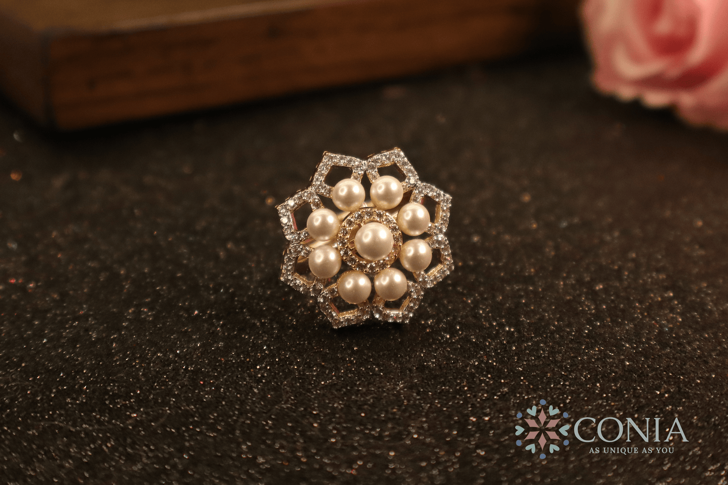 Pearl Radiance American Diamond Adjustable Ring