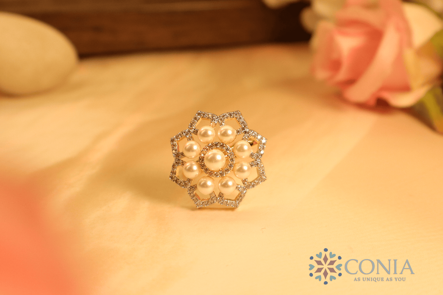 Pearl Radiance American Diamond Adjustable Ring