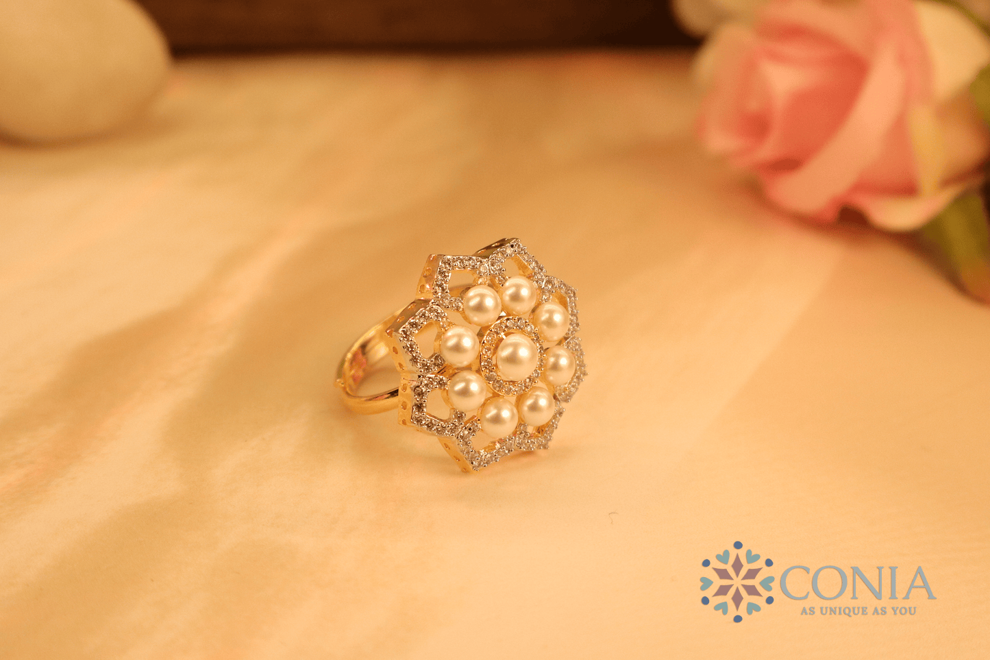 Pearl Radiance American Diamond Adjustable Ring