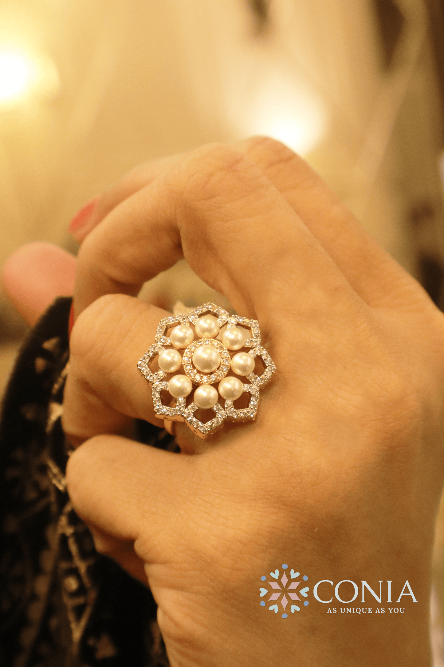 Pearl Radiance American Diamond Adjustable Ring