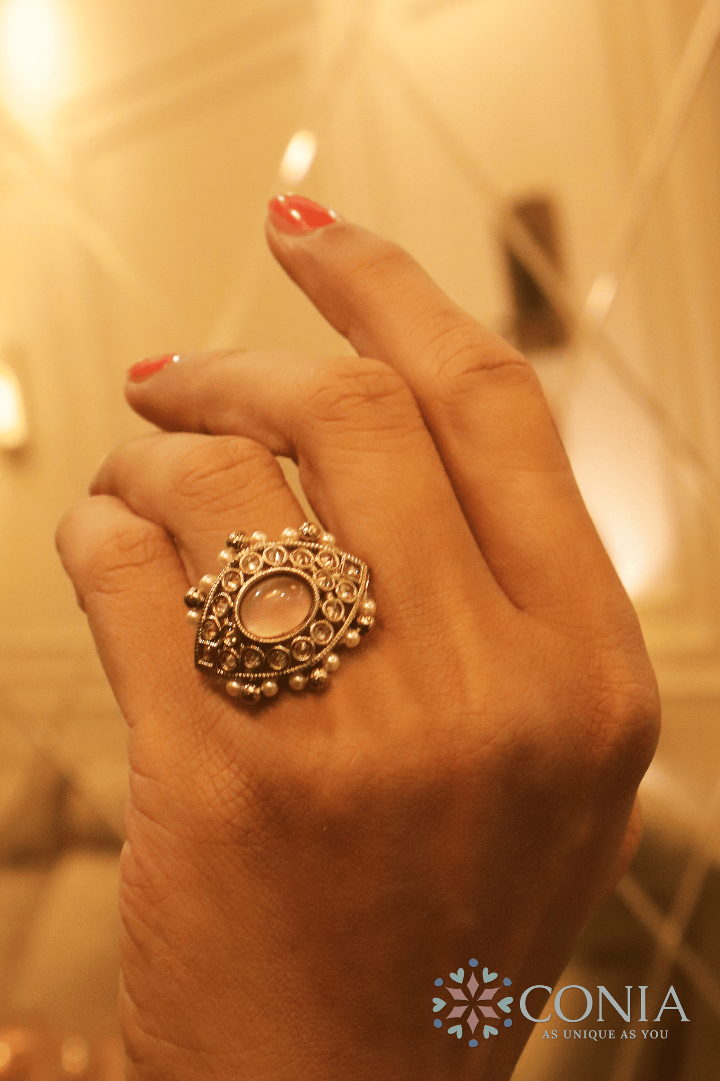 Mystic Eye Charm Antique Adjustable Ring Pink Color