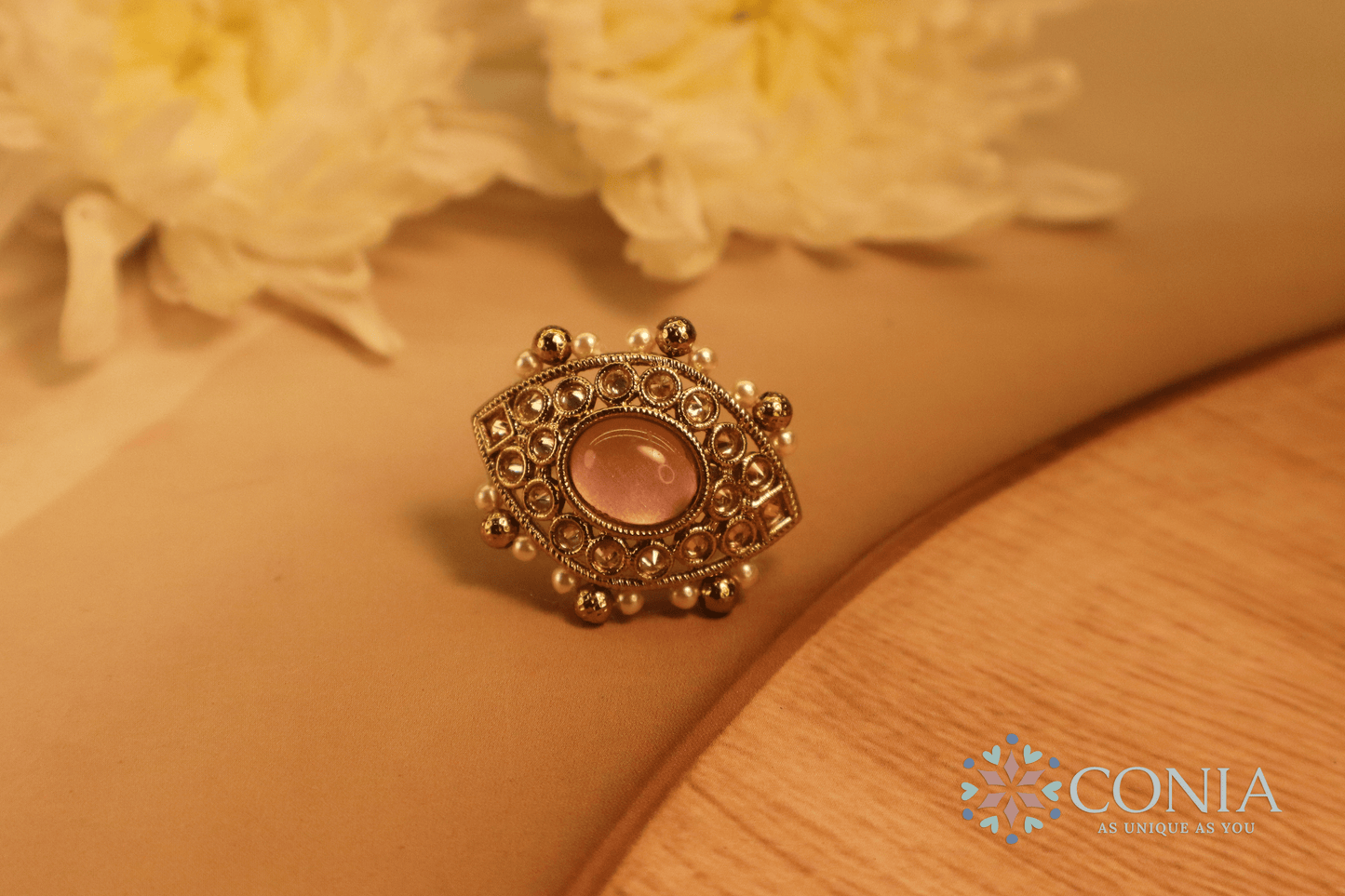 Mystic Eye Charm Antique Adjustable Ring Pink Color