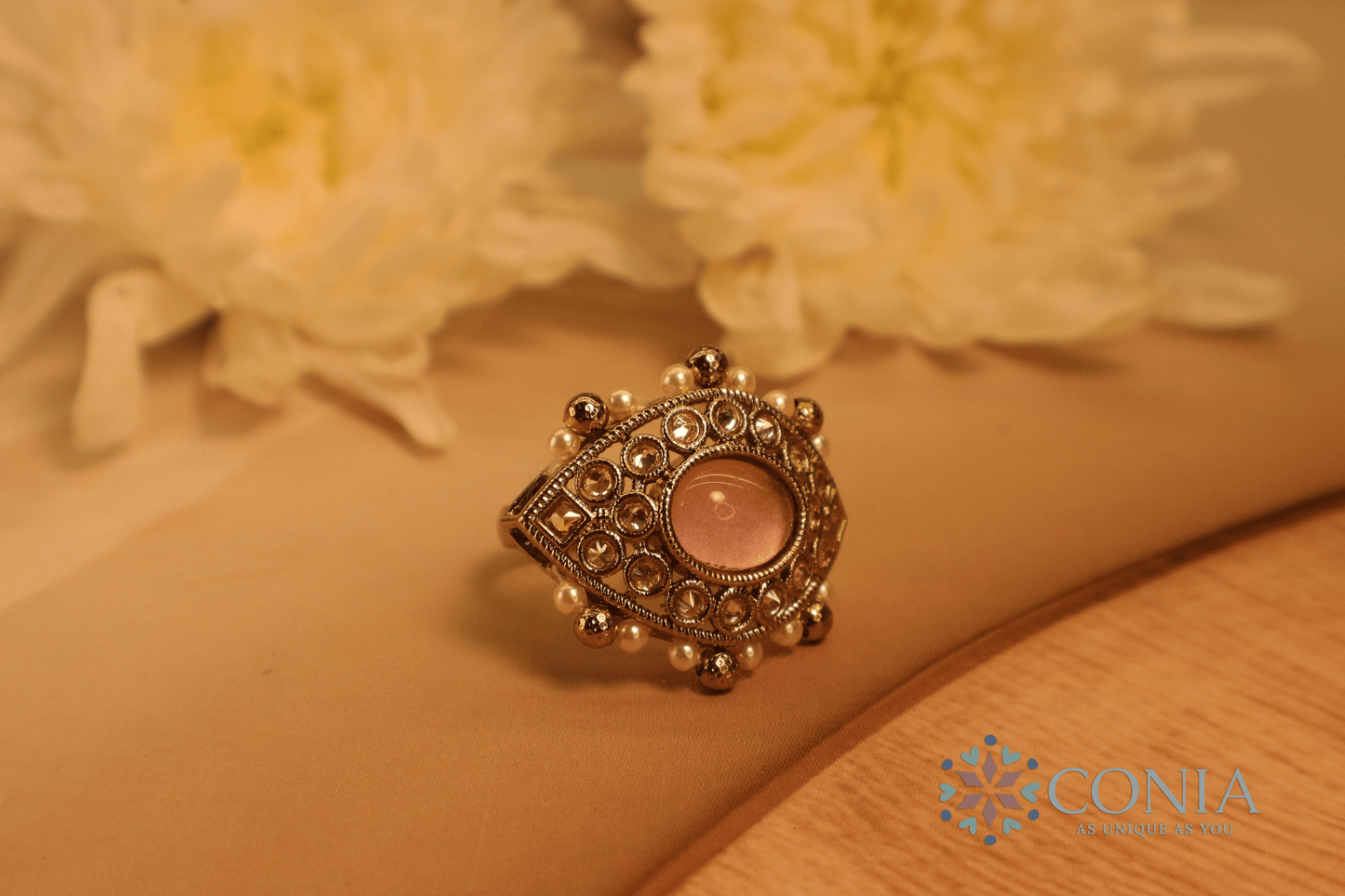Mystic Eye Charm Antique Adjustable Ring Pink Color