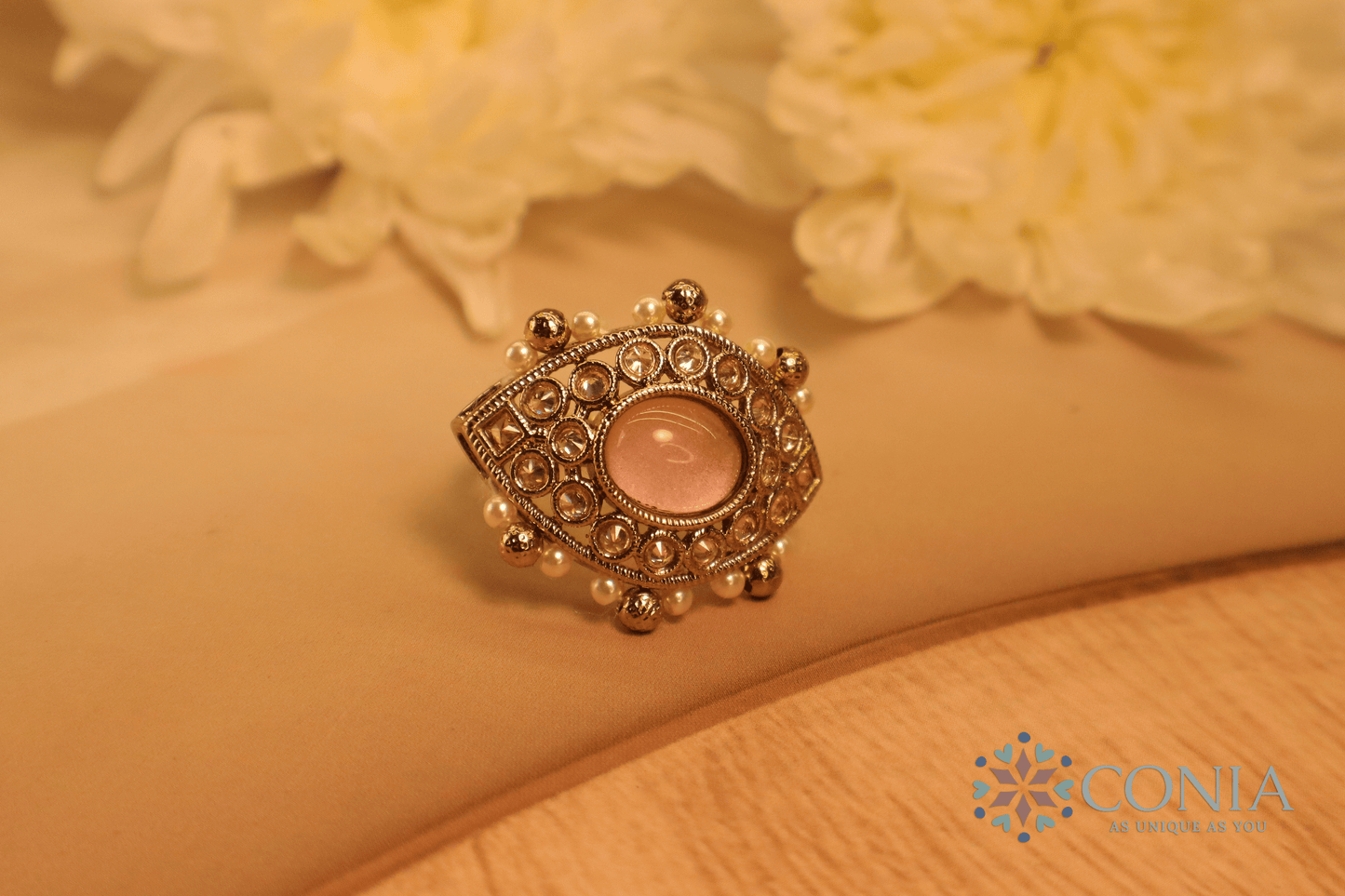 Mystic Eye Charm Antique Adjustable Ring Pink Color