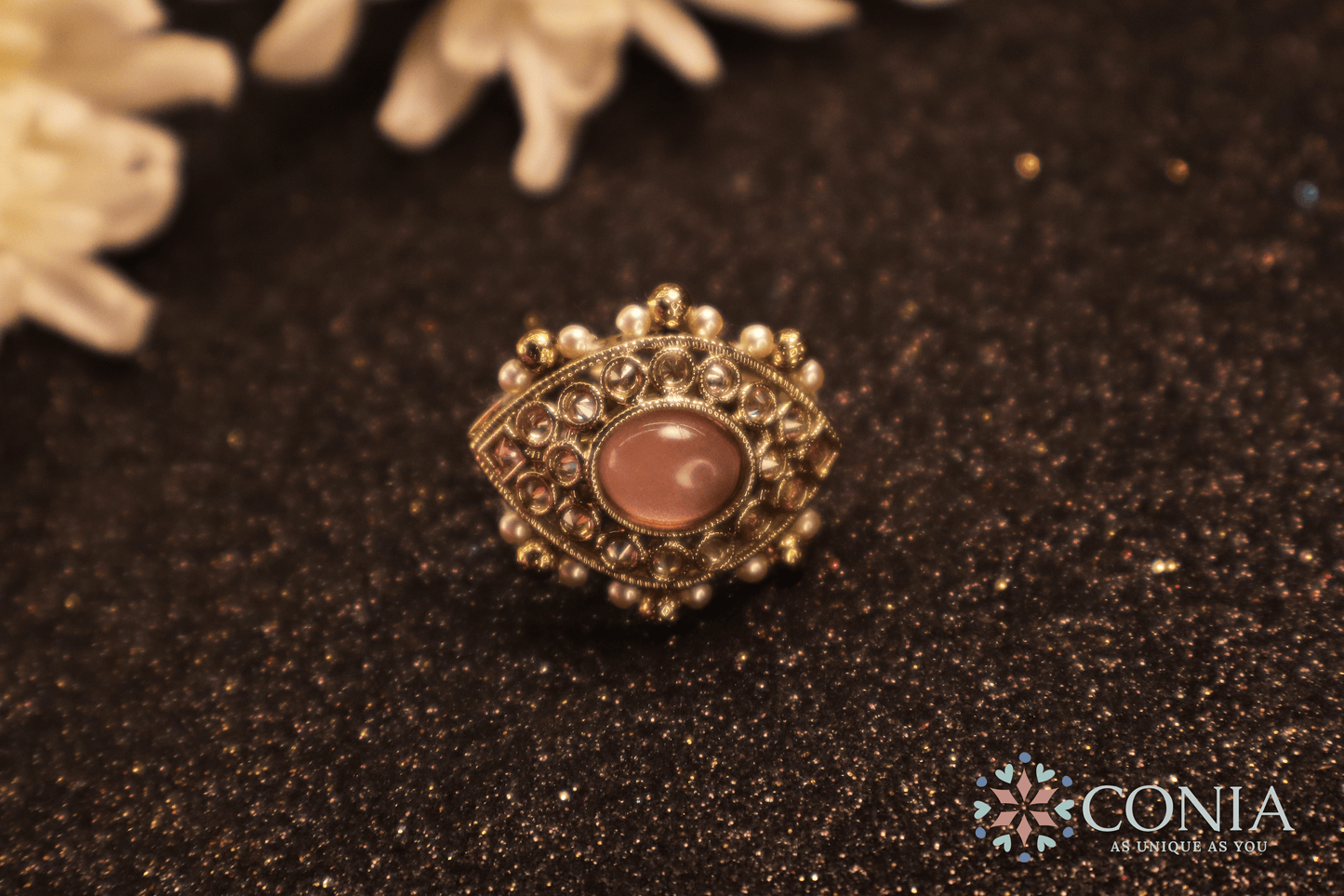 Mystic Eye Charm Antique Adjustable Ring Pink Color