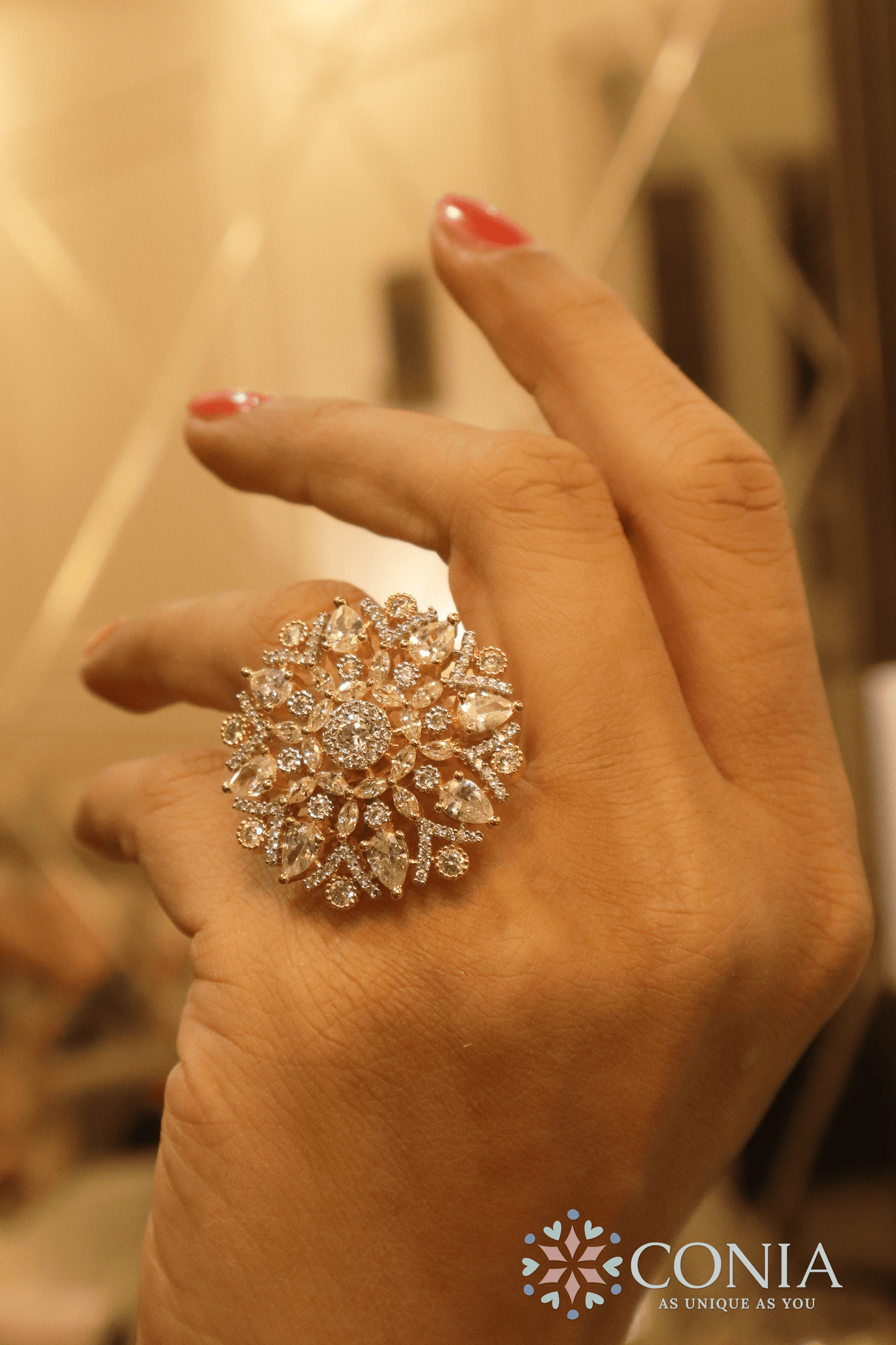 Shimmering Sunflower Golden Petals American Diamond Adjustable Ring