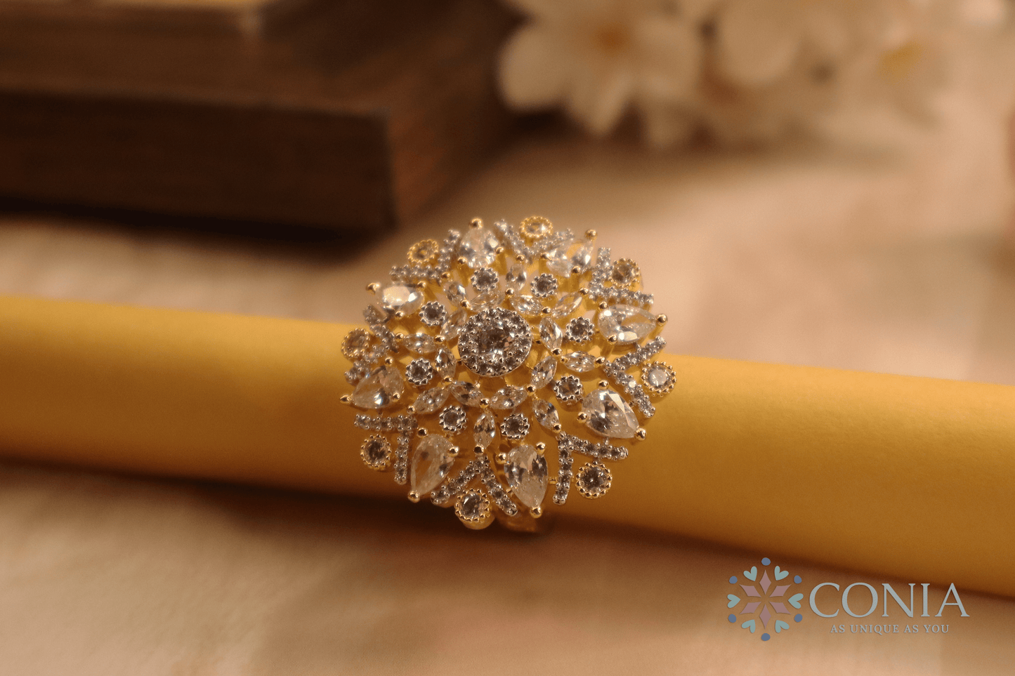 Shimmering Sunflower Golden Petals American Diamond Adjustable Ring