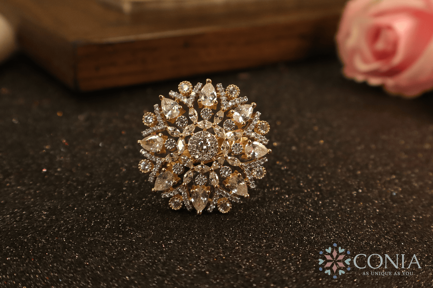 Shimmering Sunflower Golden Petals American Diamond Adjustable Ring