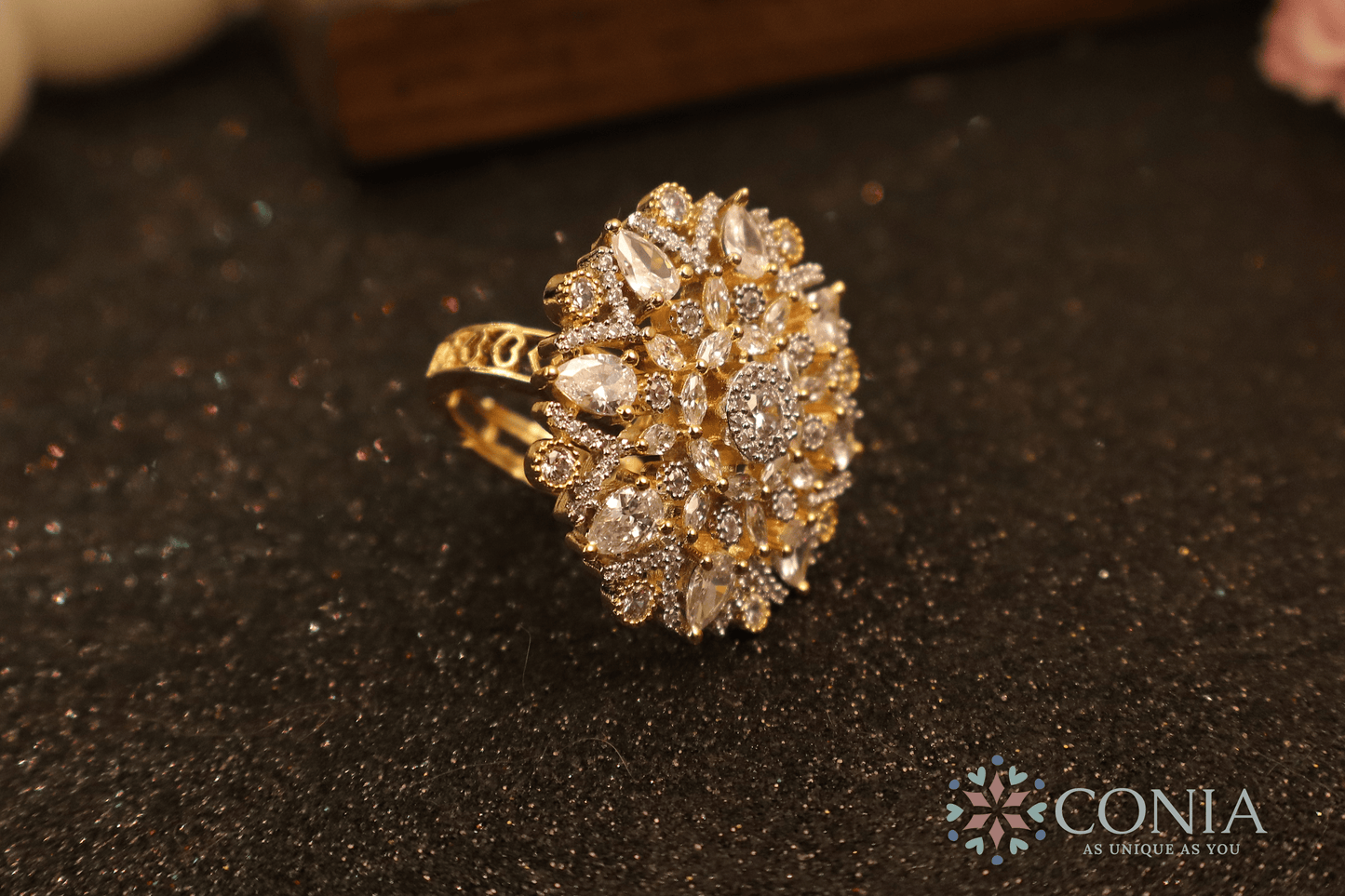 Shimmering Sunflower Golden Petals American Diamond Adjustable Ring