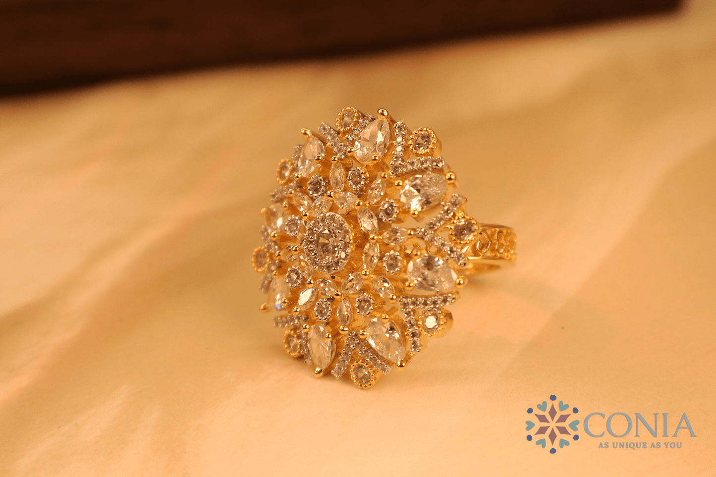 Shimmering Sunflower Golden Petals American Diamond Adjustable Ring