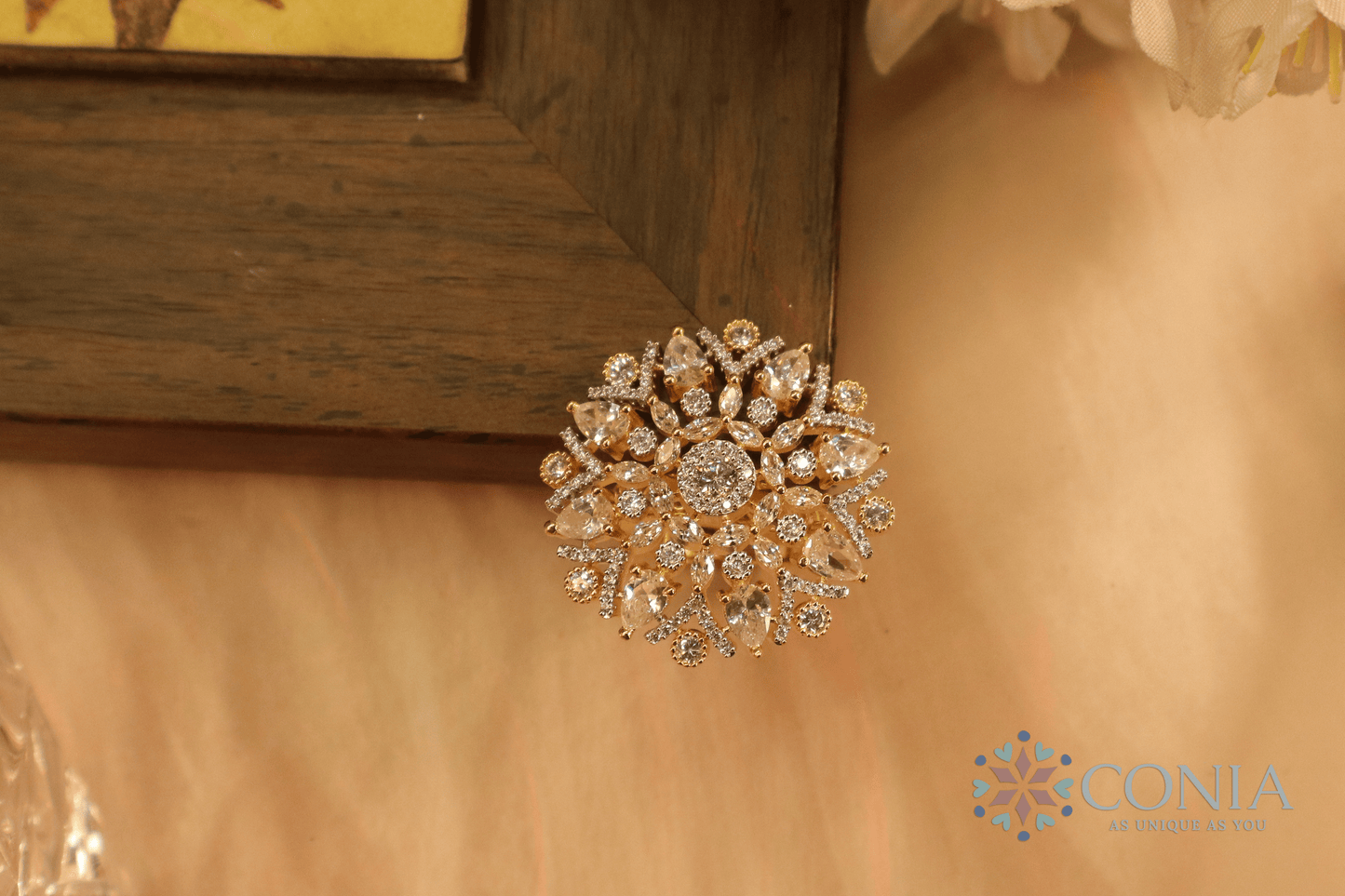 Shimmering Sunflower Golden Petals American Diamond Adjustable Ring