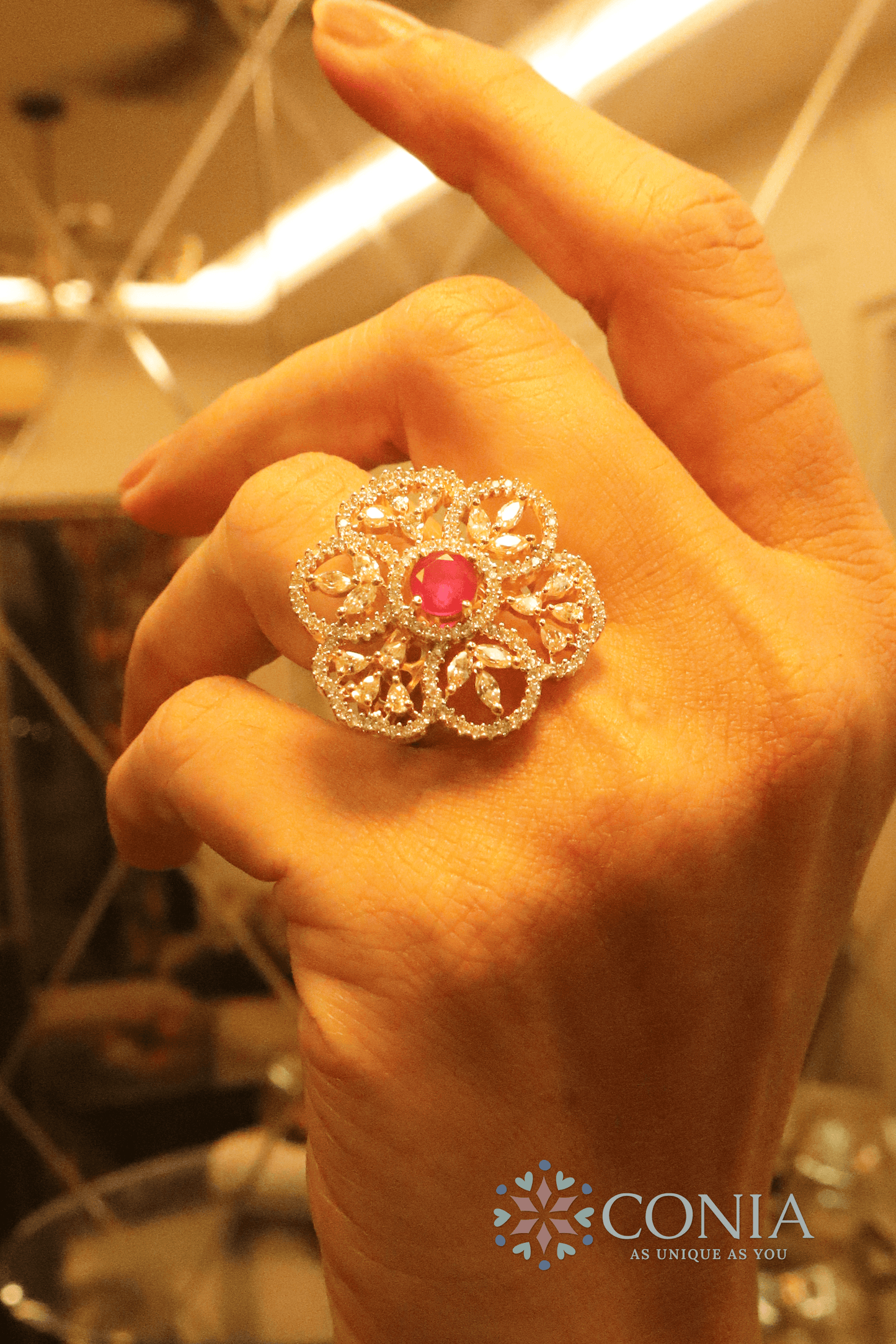 Shimmering Ruby American Diamond Two-Tone Plating Floral Adjustable Ring