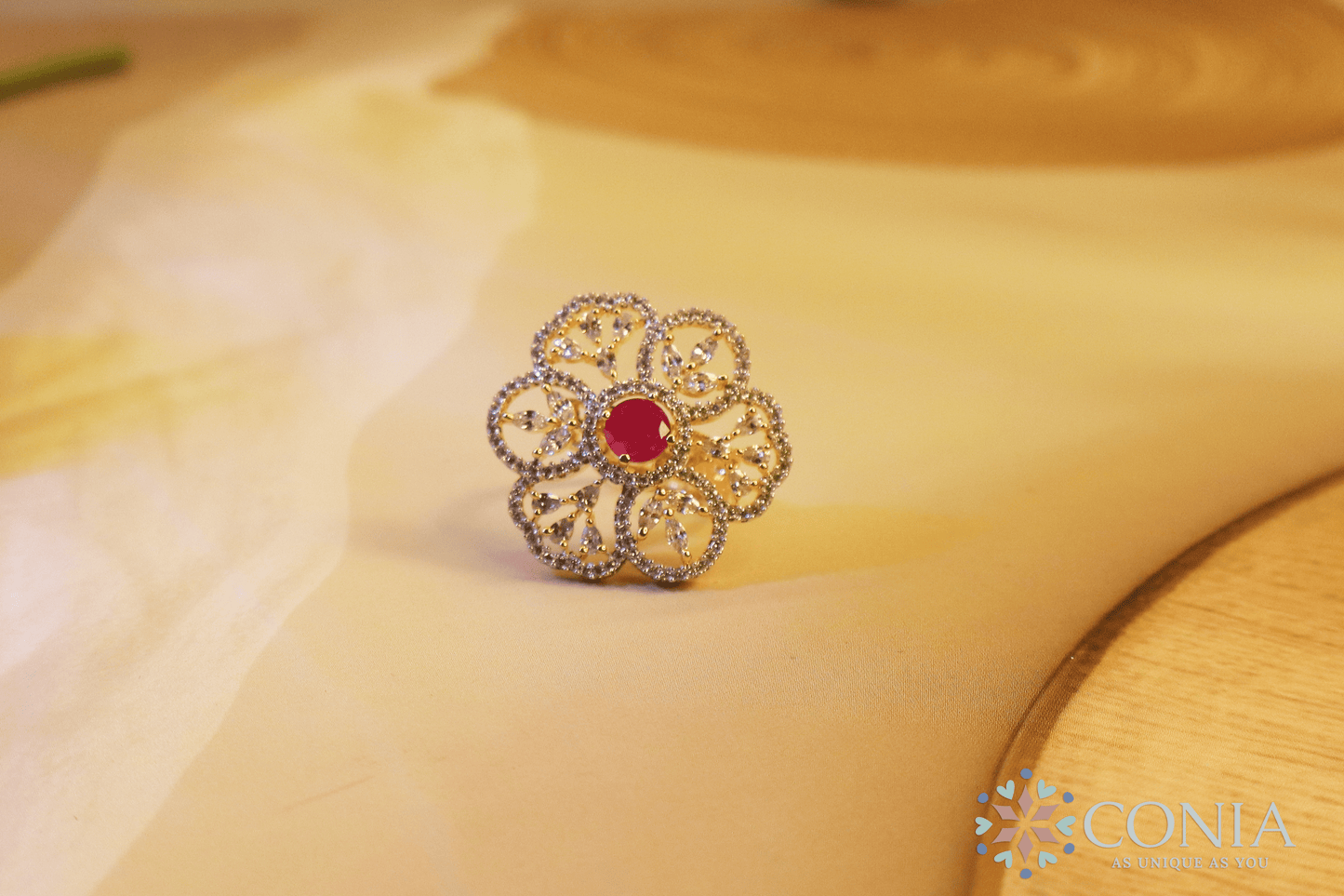 Shimmering Ruby American Diamond Two-Tone Plating Floral Adjustable Ring