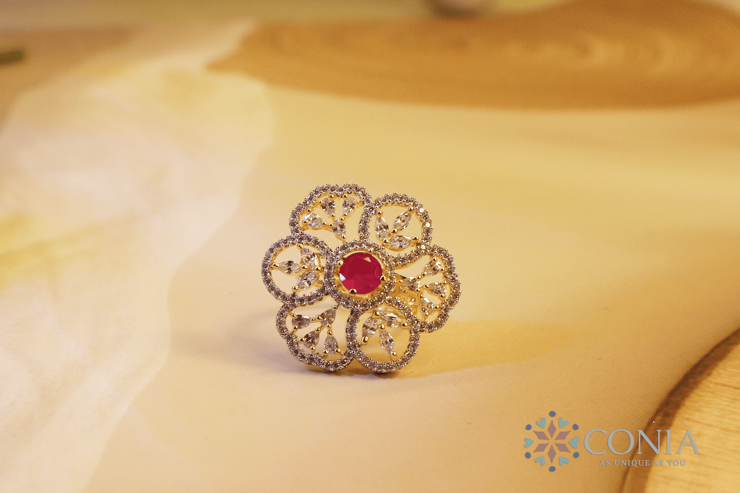 Shimmering Ruby American Diamond Two-Tone Plating Floral Adjustable Ring