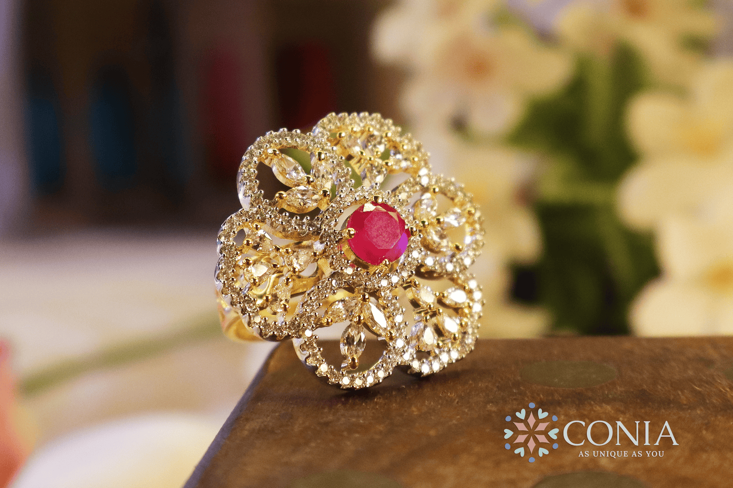 Shimmering Ruby American Diamond Two-Tone Plating Floral Adjustable Ring