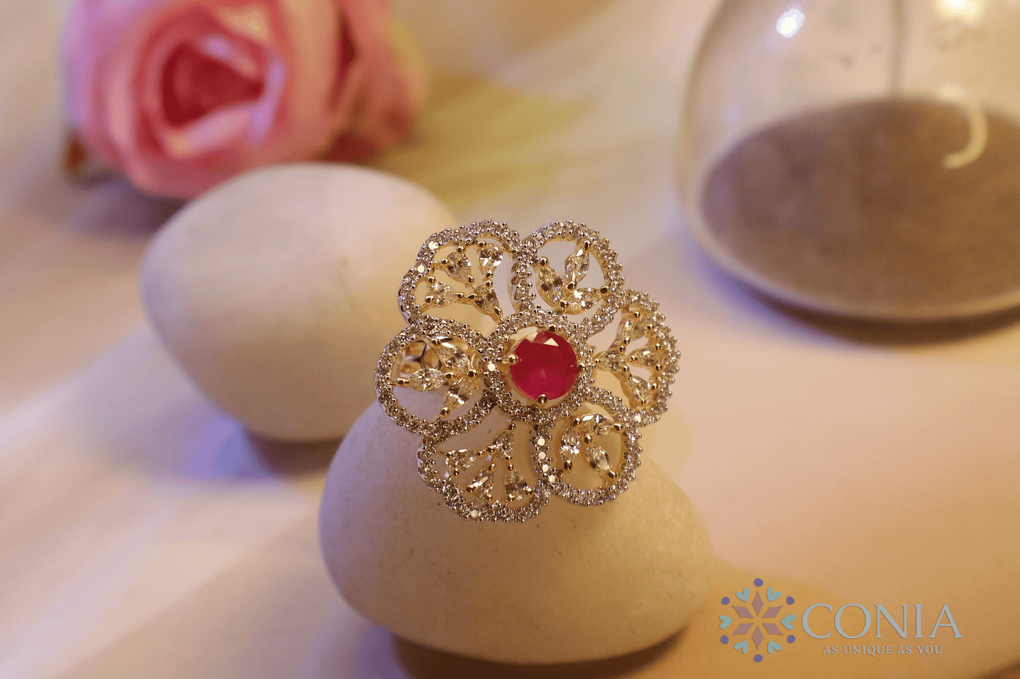 Shimmering Ruby American Diamond Two-Tone Plating Floral Adjustable Ring