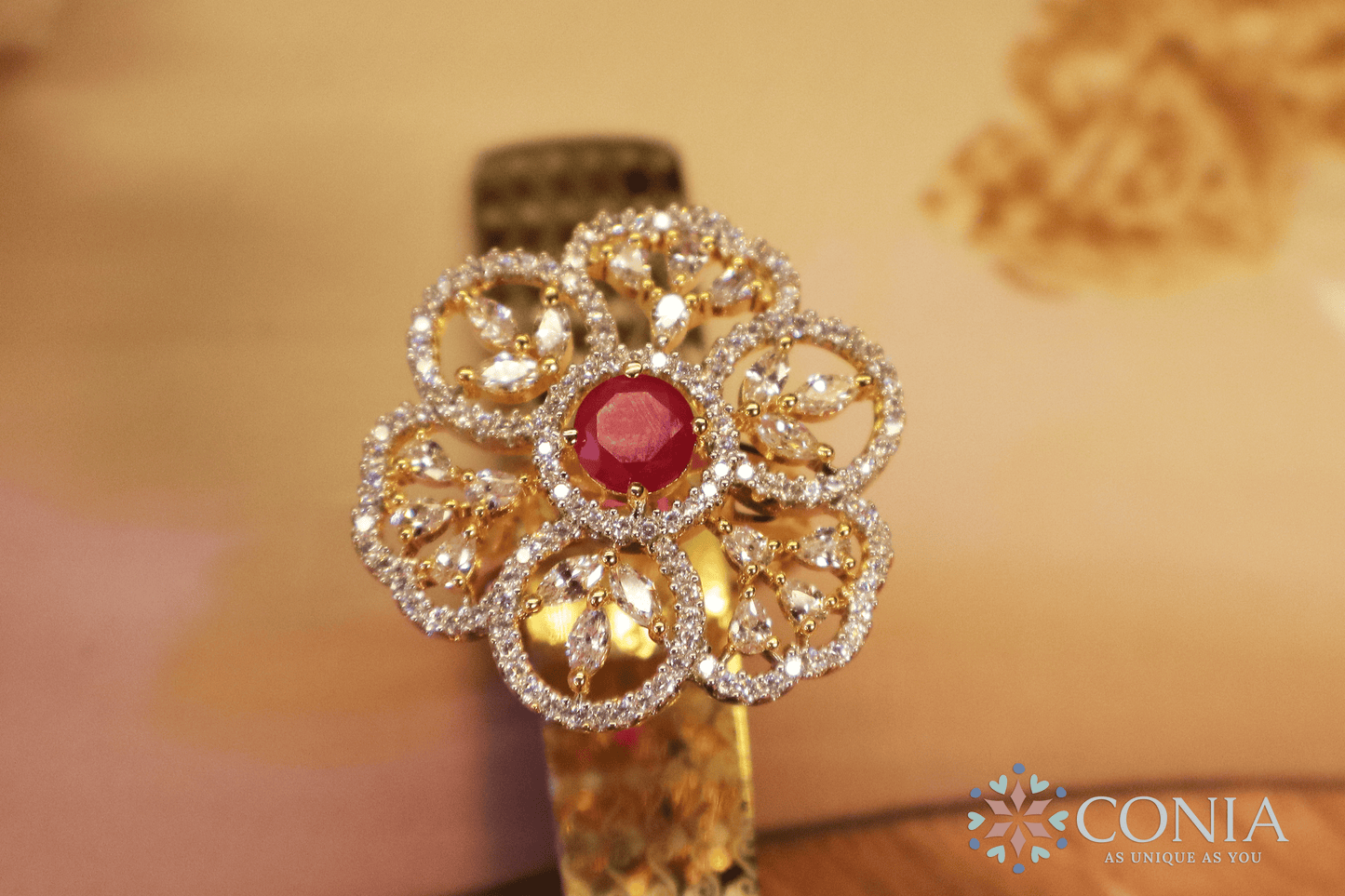 Shimmering Ruby American Diamond Two-Tone Plating Floral Adjustable Ring