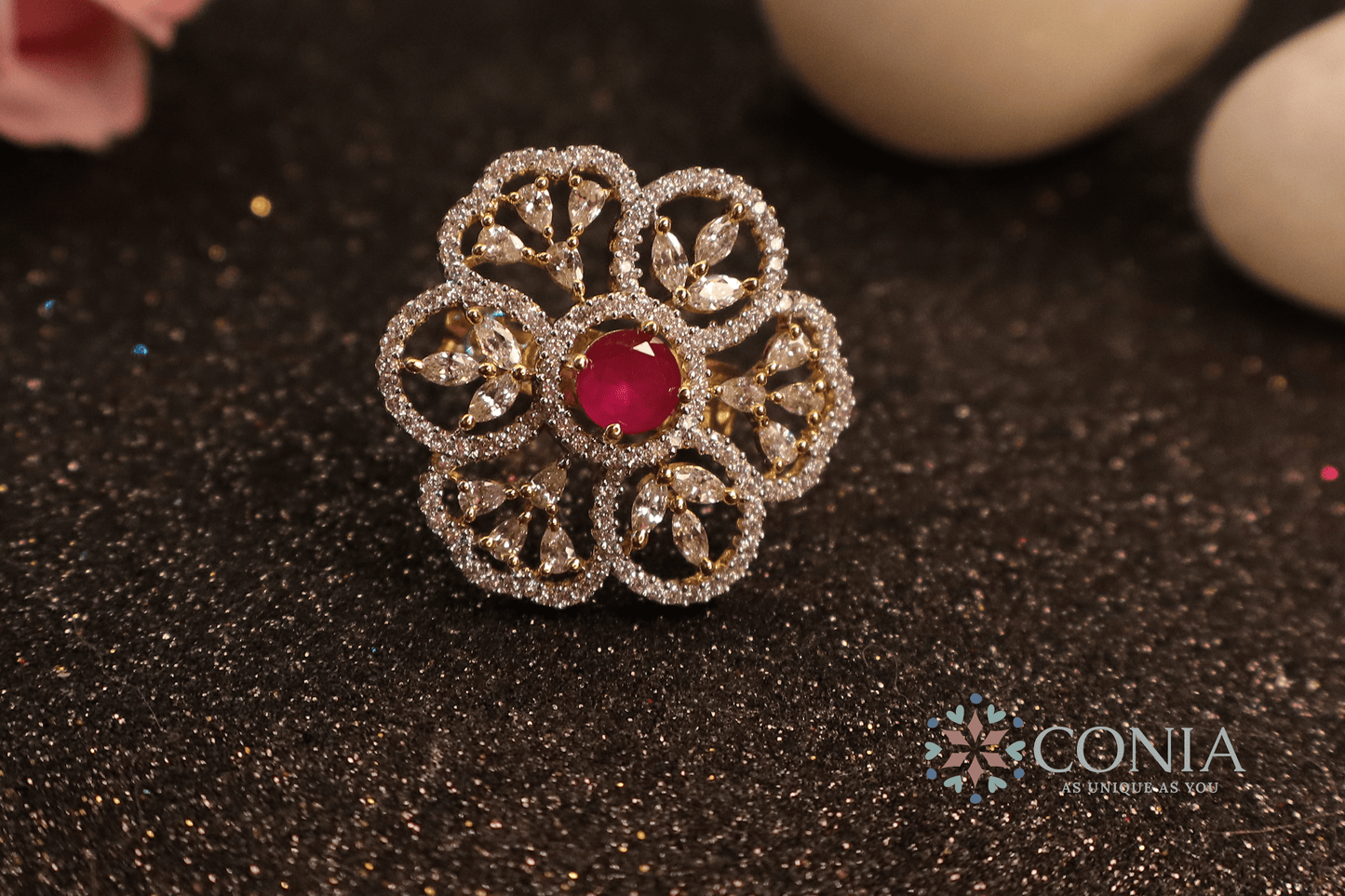 Shimmering Ruby American Diamond Two-Tone Plating Floral Adjustable Ring