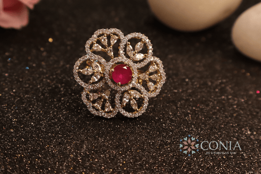 Shimmering Ruby American Diamond Two-Tone Plating Floral Adjustable Ring