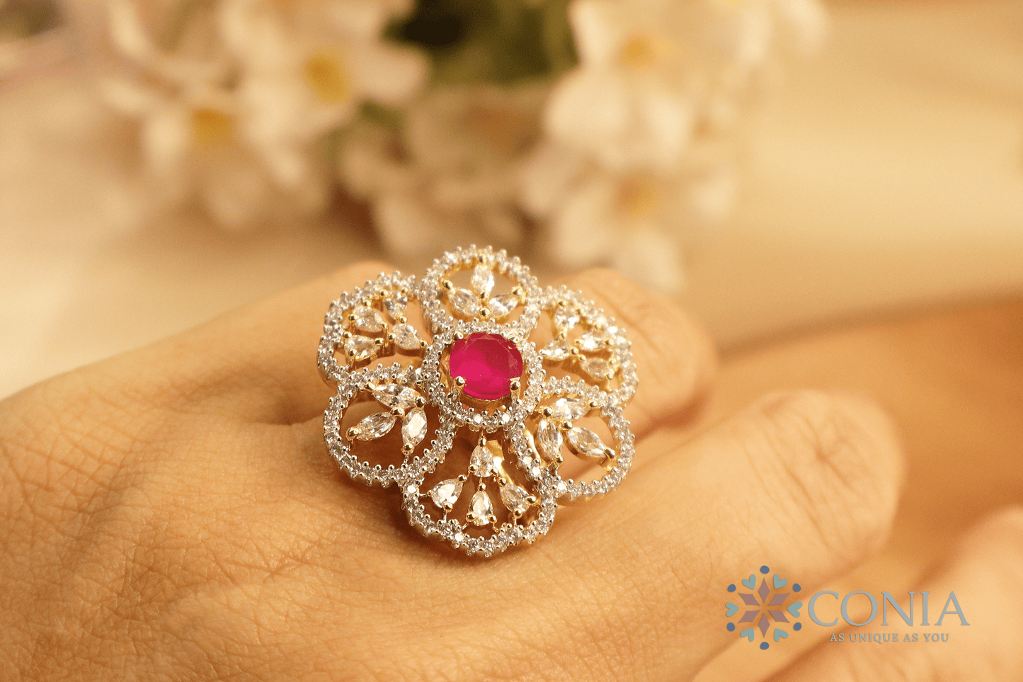 Shimmering Ruby American Diamond Two-Tone Plating Floral Adjustable Ring
