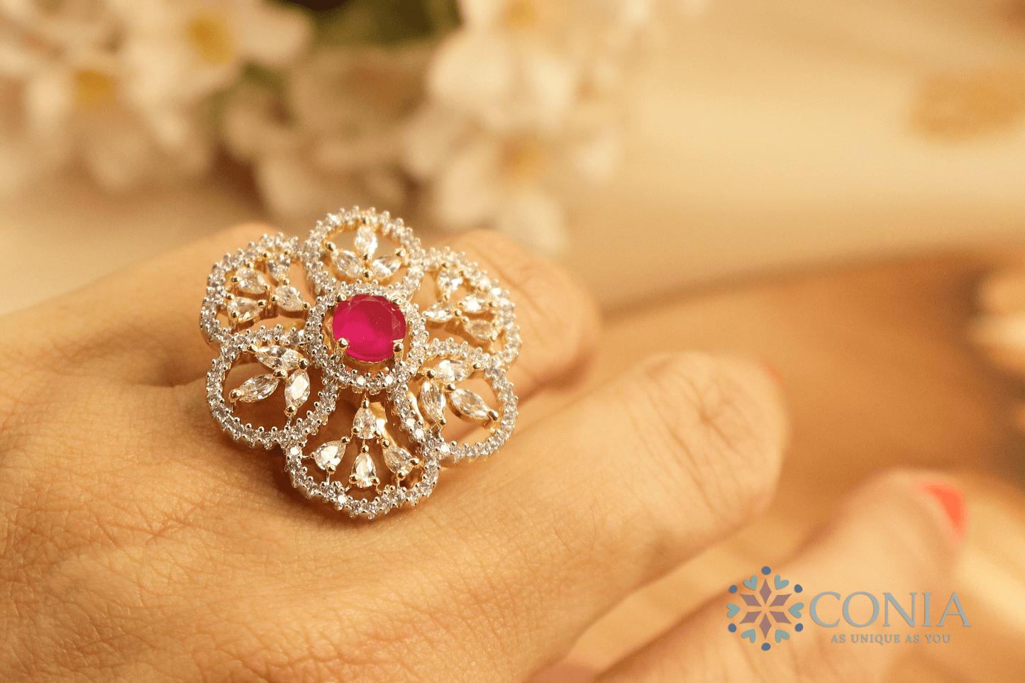 Shimmering Ruby American Diamond Two-Tone Plating Floral Adjustable Ring