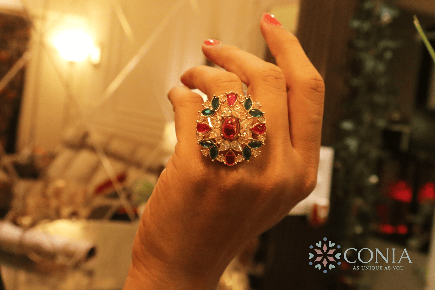 Radiance Adjustable Ruby Green Gold Plated Antique ring