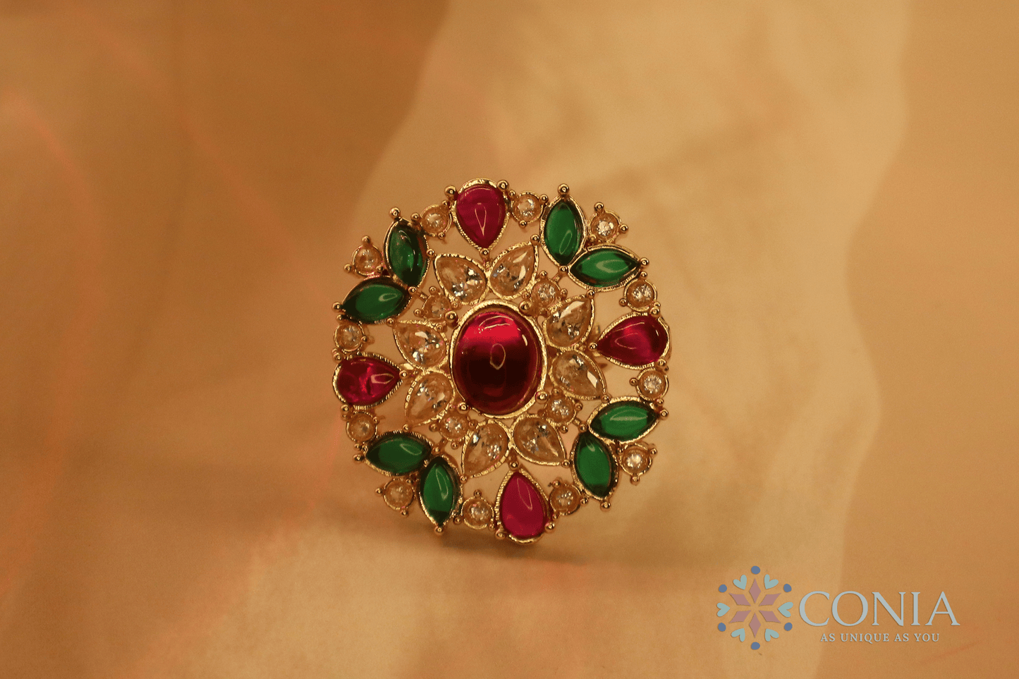 Radiance Adjustable Ruby Green Gold Plated Antique ring