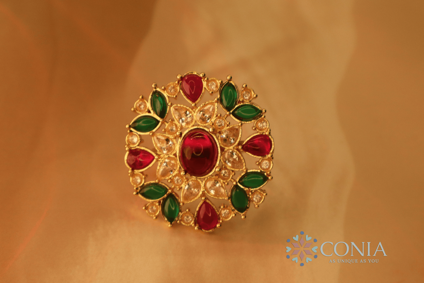 Radiance Adjustable Ruby Green Gold Plated Antique ring