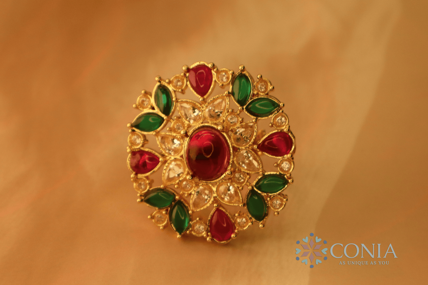 Radiance Adjustable Ruby Green Gold Plated Antique ring