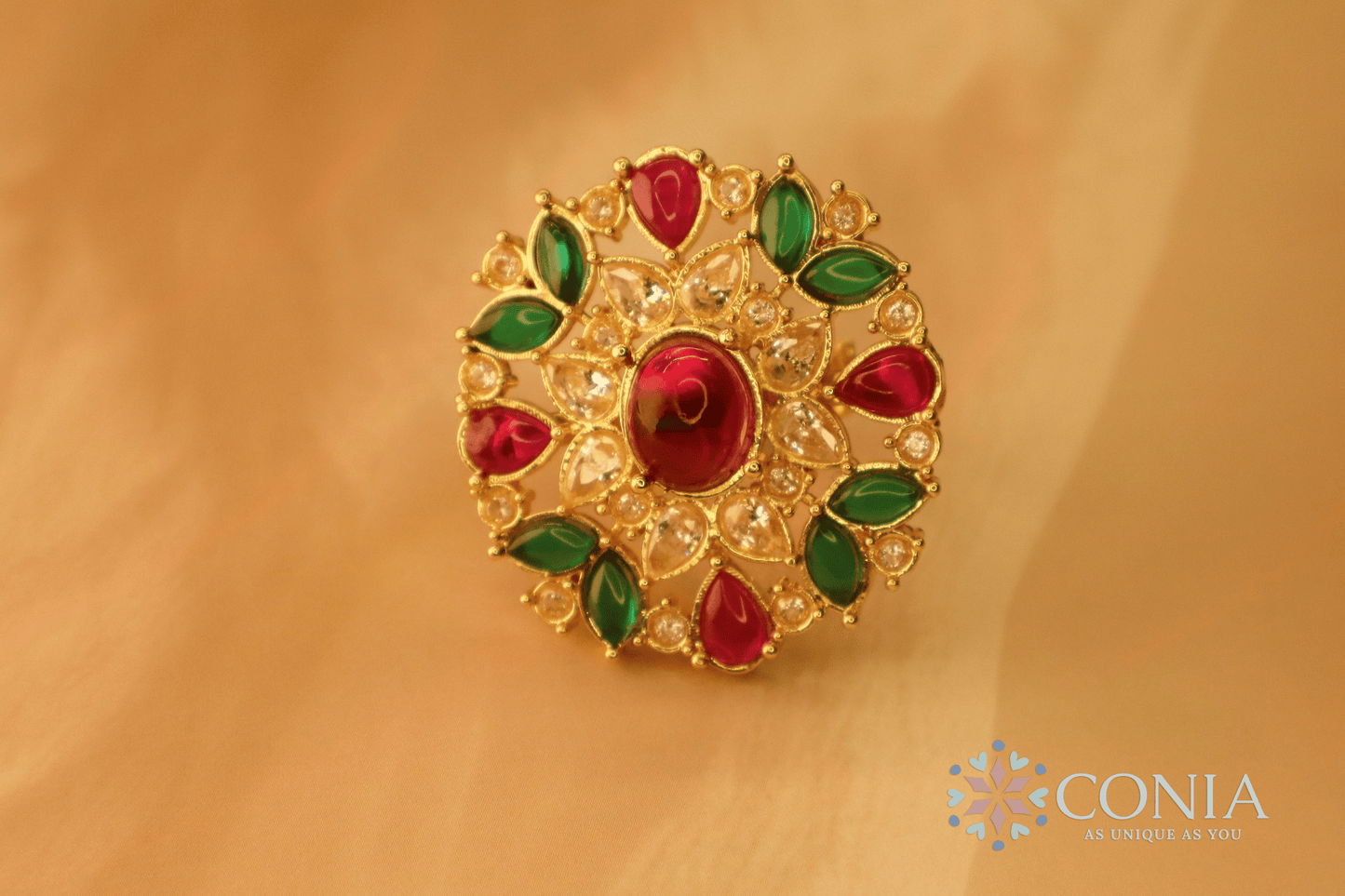 Radiance Adjustable Ruby Green Gold Plated Antique ring