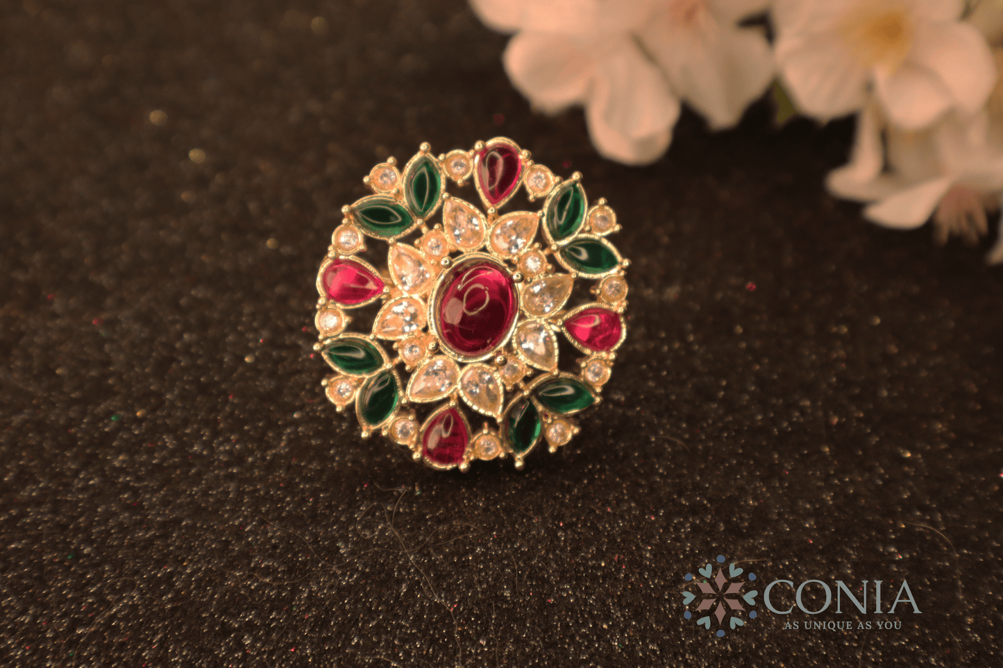 Radiance Adjustable Ruby Green Gold Plated Antique ring