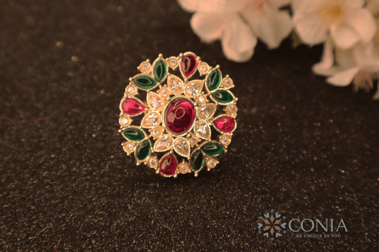 Radiance Adjustable Ruby Green Gold Plated Antique ring