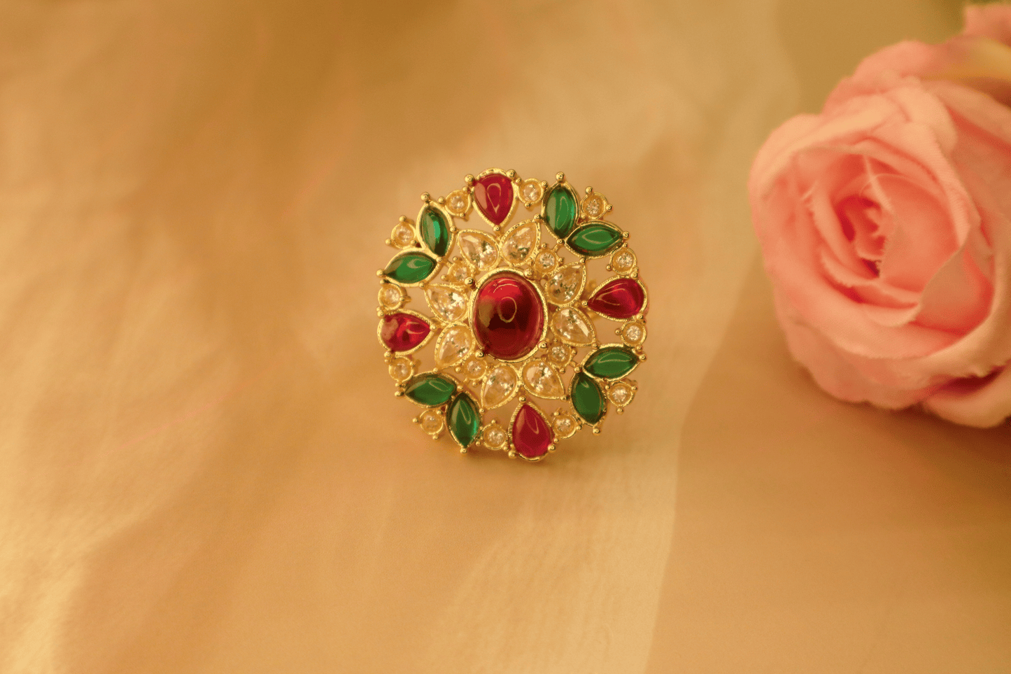 Radiance Adjustable Ruby Green Gold Plated Antique ring